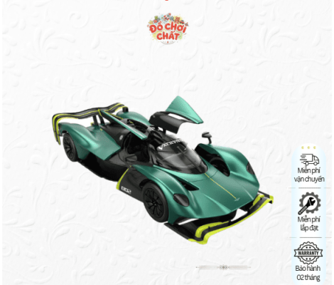 Hình ảnh xe ô tô điều khiển từ xa Aston Martin Valkyrie từ góc nghiêng, thể hiện rõ thiết kế siêu xe, bánh lớn và màu sắc nổi bật thu hút trẻ nhỏ.